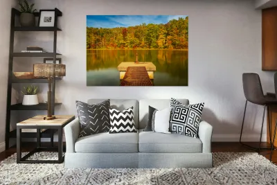 Fall leaves and metal pier in Coopers Rock State Forest in WV Reproduction
