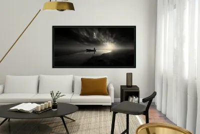 The Fisherman’s Prayer – Black and White Boat at Sea Print Reproduction