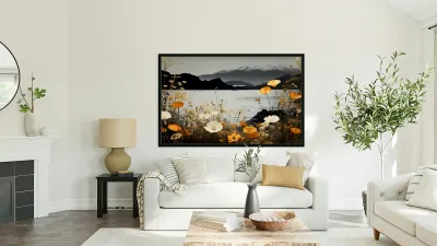 Golden Meadow by the Lake – Wildflower Panorama Print Reproduction