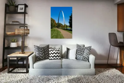Gateway Arch of St Louis Missouri from the park and lake Reproduction