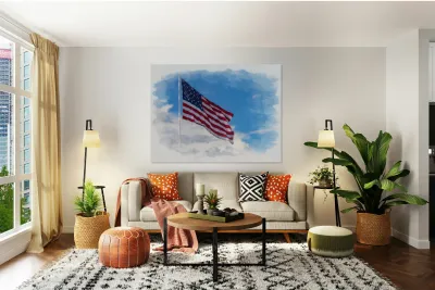 Digital art of USA stars and stripes flag against blue sky Reproduction