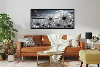 Silent Harmony – Black & White Garden Daisy Art Print Reproduction