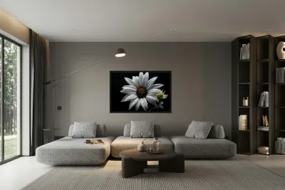 Majestic Macro – Monochrome Sunflower Close-Up Art Print Reproduction