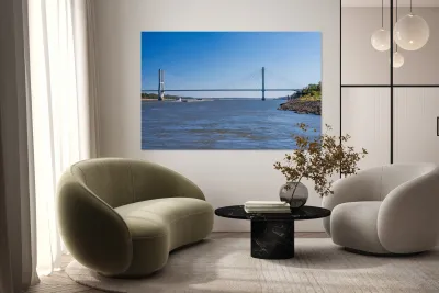 Modern Greenville bridge across the Mississippi to Arkansas with Reproduction