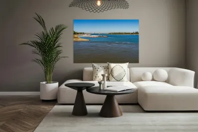 Bridge with Blue clear water from Ohio river meets brown Reproduction