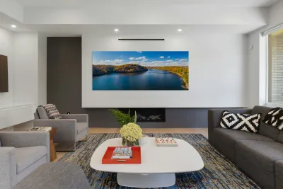 Aerial panorama of fall colors on Cheat Lake Morgantown WV with Reproduction