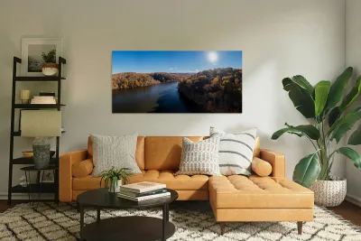 Panoramic fall trees around the water at Cheat Lake Park Morgan Reproduction