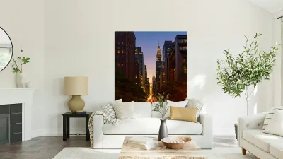Manhattanhenge when the sun sets along 42nd street in NY Reproduction