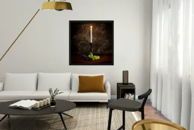 Vintage Illumination: Antique Candlestick with Grapes and Flame Reproduction